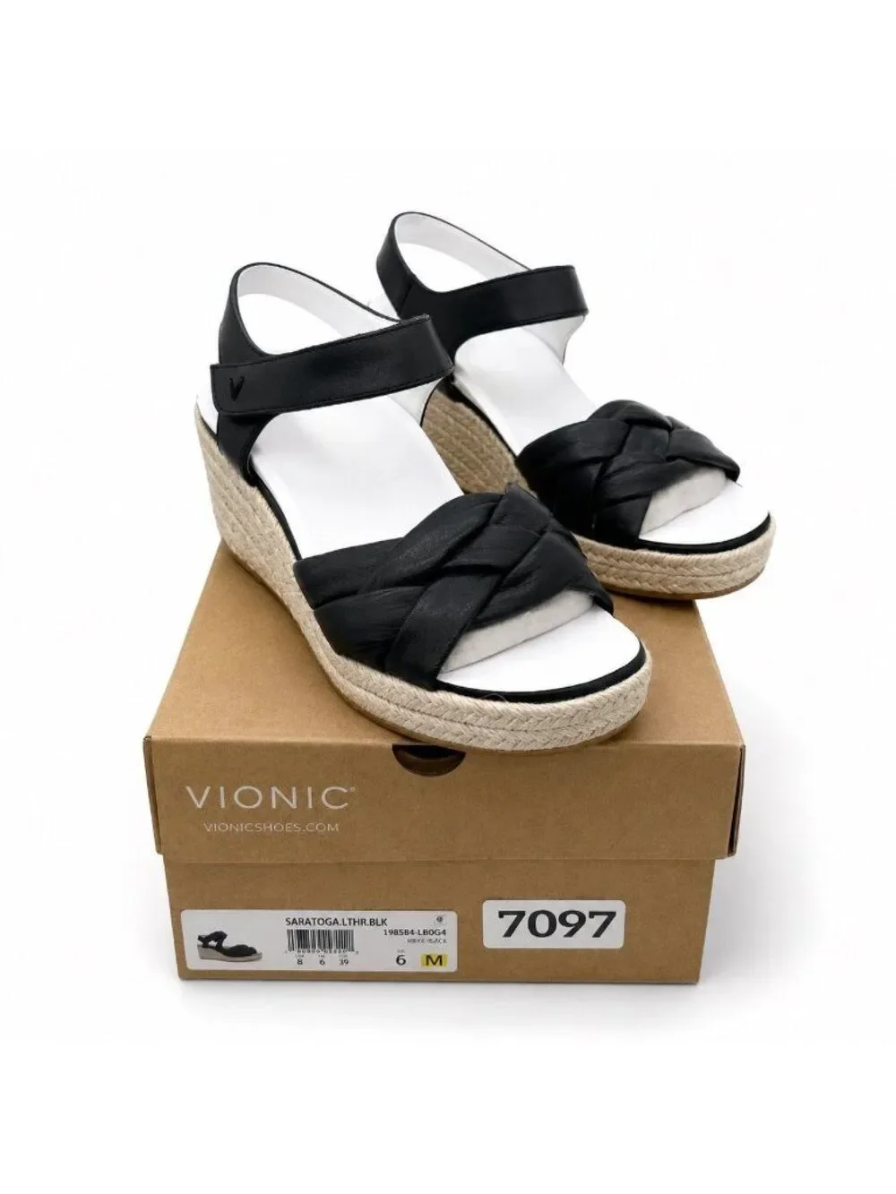 Vionic Saratoga Supportive Black Leather Espadrille Wedge Sandals Womens 6